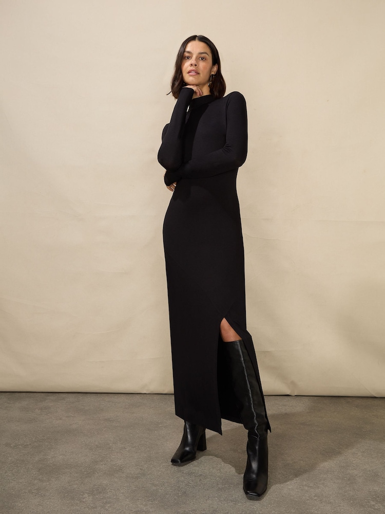 Ro&Zo Petite High Neck Split Leg Jersey Black Dress - Image 1 of 5