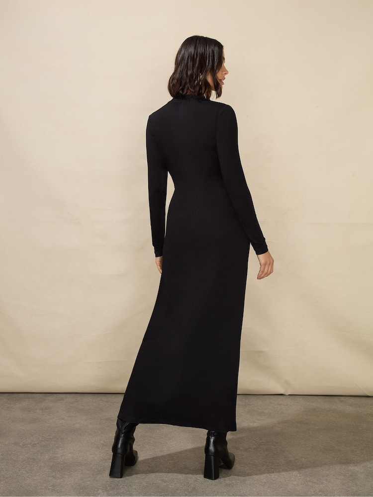Ro&Zo Petite High Neck Split Leg Jersey Black Dress - Image 2 of 5