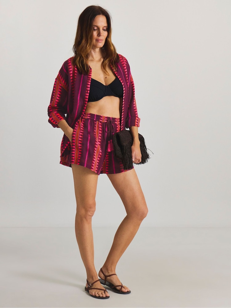 Simply Be Purple Jacquard Shirt And Short Beach Co-ord Set - Image 1 of 4
