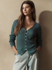 Teal Blue 100% Linen Button Through Knitted Cardigan - Image 2 of 6