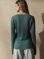 Teal Blue 100% Linen Button Through Knitted Cardigan - Image 3 of 6