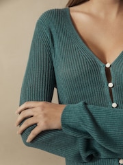 Teal Blue 100% Linen Button Through Knitted Cardigan - Image 4 of 6