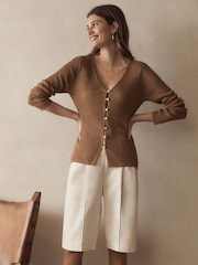 Camel Brown 100% Linen Button Through Knitted Cardigan - Image 1 of 6