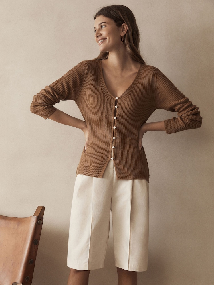 Camel Brown 100% Linen Button Through Knitted Cardigan - Image 1 of 6