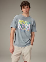 Monet Flowers Light Blue Wash Artist Licence 100% Cotton T-Shirt - Image 1 of 7
