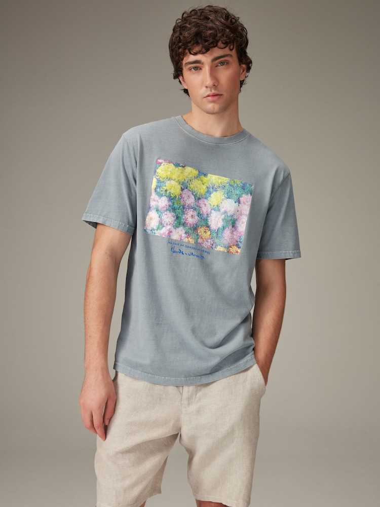Monet Flowers Light Blue Wash Artist Licence 100% Cotton T-Shirt - Image 1 of 7