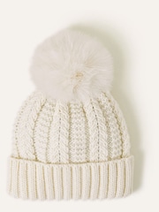 Accessorize Cream Faux Fur Pom-Pom Beanie Hat - Image 1 of 2
