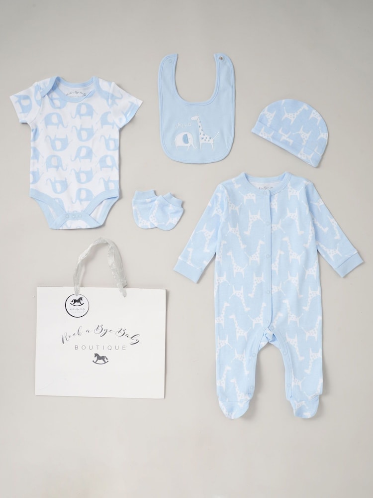 Rock-A-Bye Baby Boutique Baby Blue Giraffe and Elephant Print 100% Cotton Gift Set 5 Piece - Image 1 of 4