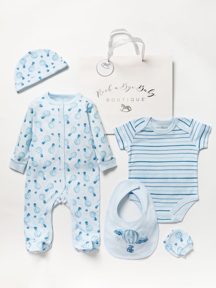 Rock-A-Bye Baby Boutique Baby Blue Hot Air Balloon Printed 100% Cotton Gift Set 5 Piece - Image 1 of 5