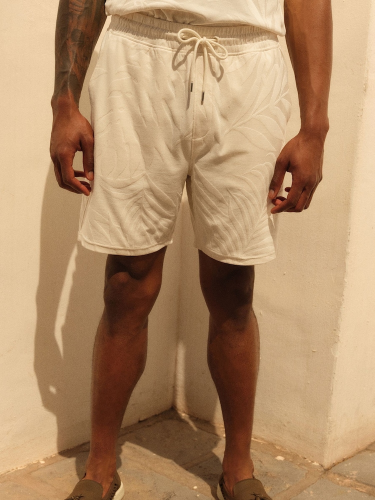 Ecru White Textured Floral Jersey Shorts - Image 1 of 8