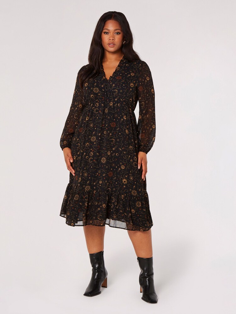 Apricot Black Constellation Ruffle Tiered Dress - Image 1 of 4