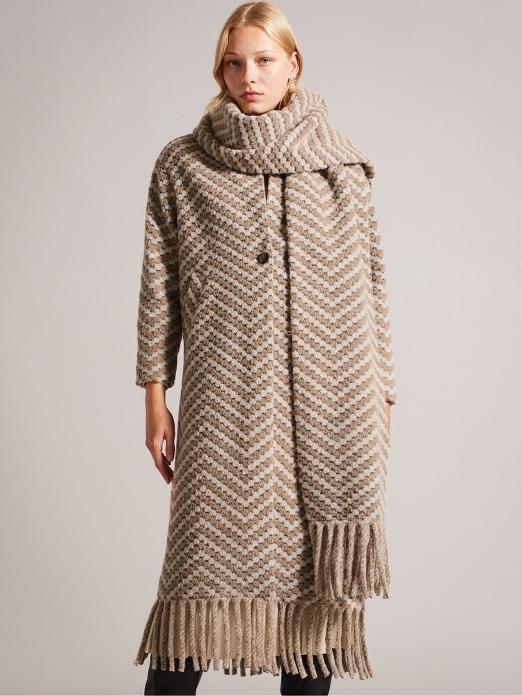 Ted Baker Oversized Natural Jilliya Tan Twill Knit Scarf Coat - Image 1 of 6