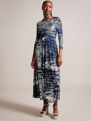 Ted Baker Iggiey 3/4 Length Sleeve Blue Dress With Ruffled Skirt - Image 1 of 6