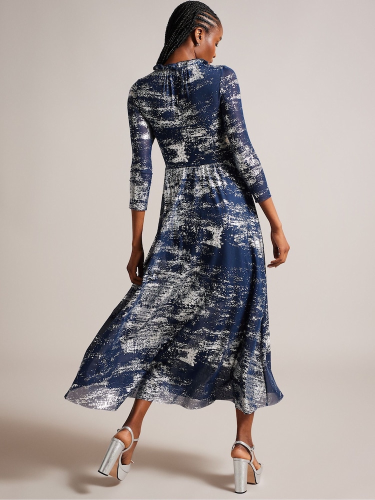 Ted Baker Iggiey 3/4 Length Sleeve Blue Dress With Ruffled Skirt - Image 2 of 6