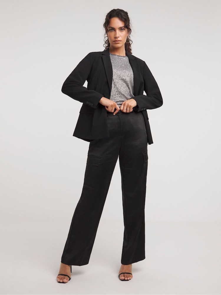 JD Williams Black Satin Cargo Straight Trousers - Image 1 of 4