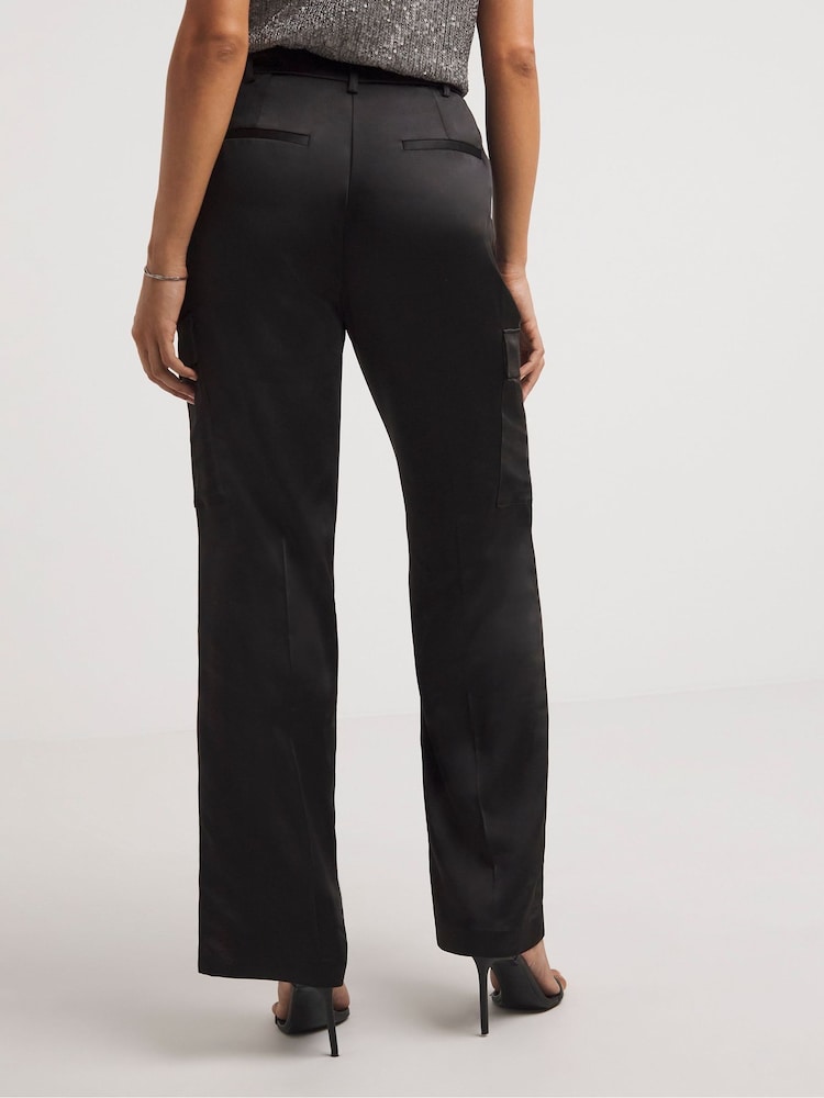 JD Williams Black Satin Cargo Straight Trousers - Image 2 of 4