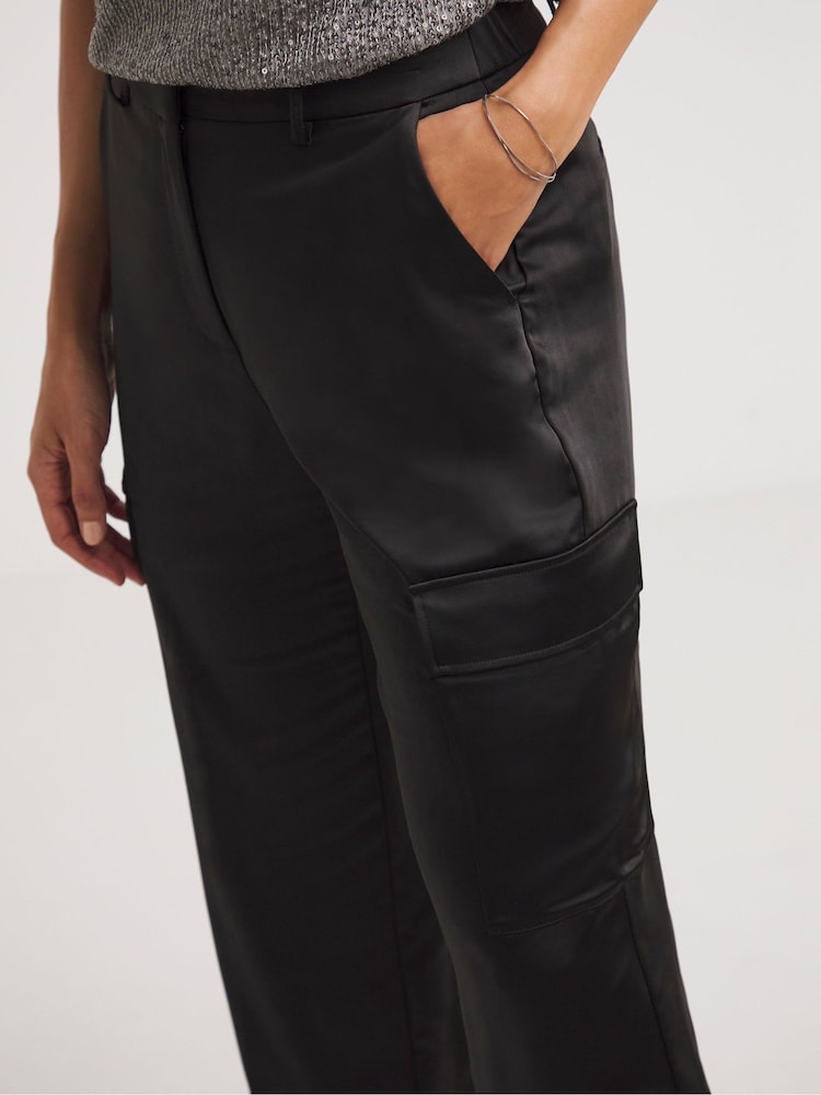 JD Williams Black Satin Cargo Straight Trousers - Image 4 of 4