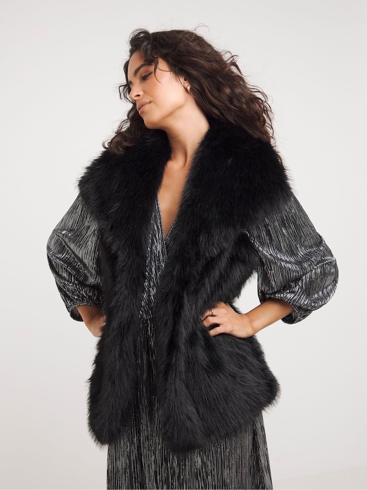 JD Williams Black Long Pile Faux Fur Gilet - Image 4 of 4