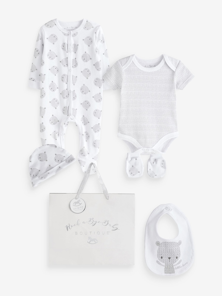 Rock-A-Bye Baby Boutique Bear Print Cotton Gift 100% Cotton White 5 Piece Set - Image 1 of 4