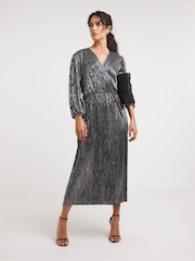 JD Williams Silver Plisse Wrap Mini Dress - Image 1 of 4