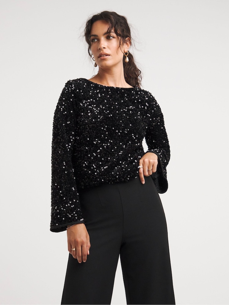 JD Williams Black Slash Neck Sequin Top - Image 1 of 4