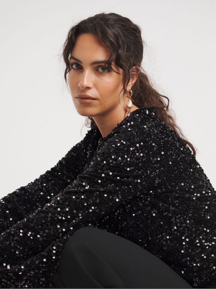 JD Williams Black Slash Neck Sequin Top - Image 4 of 4