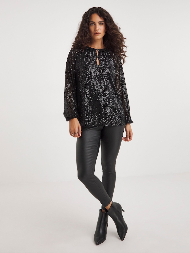 JD Williams Black Volume Sleeve Sequin Top - Image 1 of 4