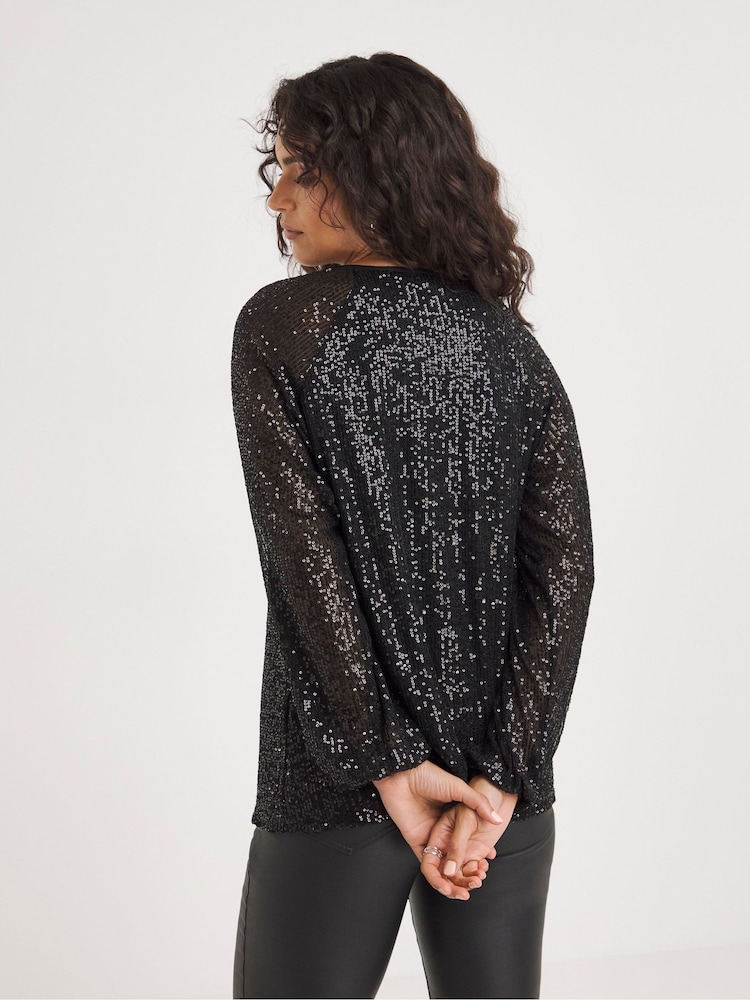 JD Williams Black Volume Sleeve Sequin Top - Image 2 of 4