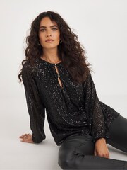 JD Williams Black Volume Sleeve Sequin Top - Image 3 of 4