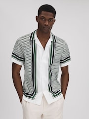 Reiss White/Green Blair Geometric Print Cuban Collar Shirt - Image 1 of 6