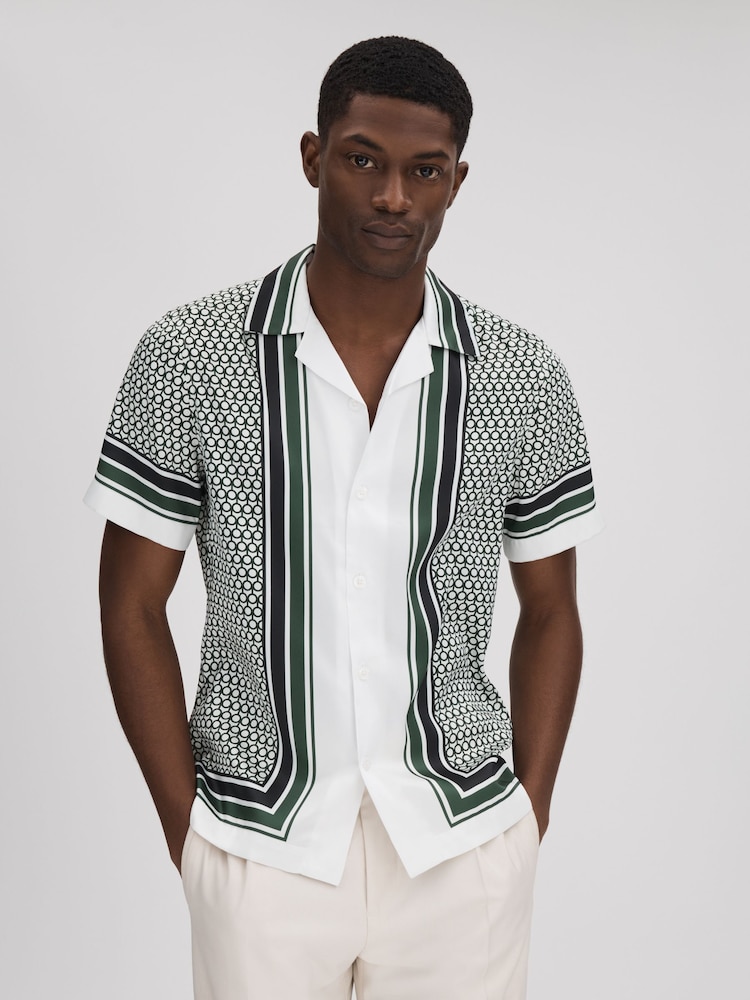 Reiss White/Green Blair Geometric Print Cuban Collar Shirt - Image 1 of 6