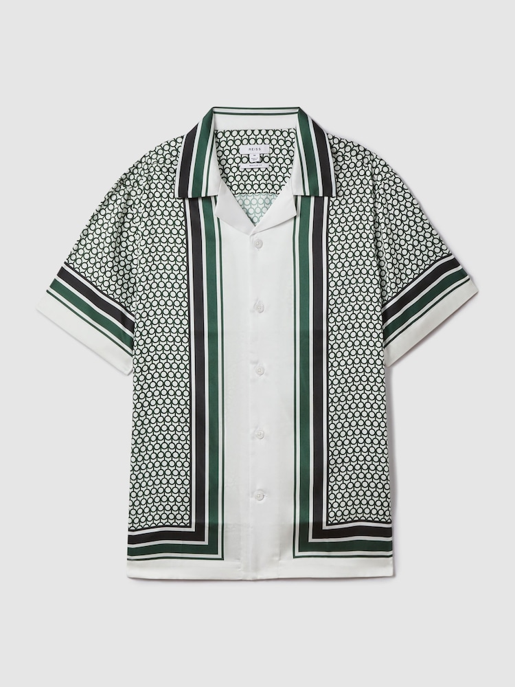 Reiss White/Green Blair Geometric Print Cuban Collar Shirt - Image 2 of 6