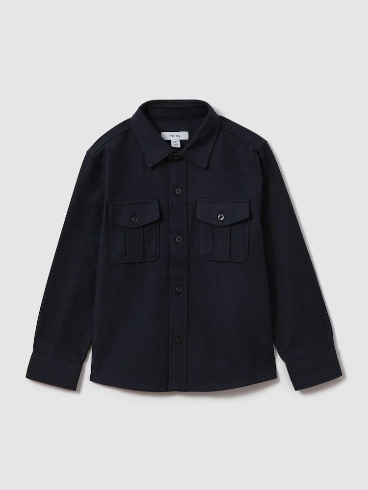 Reiss Navy Thomas 13-14 yrs Brushed Cotton Patch Pocket Overshirt - Image 1 of 4