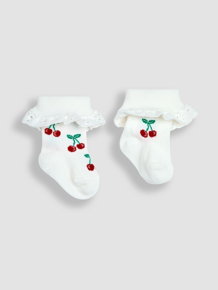JoJo Maman Bébé Cream Cherry 2-Pack Frilly Socks - Image 1 of 2