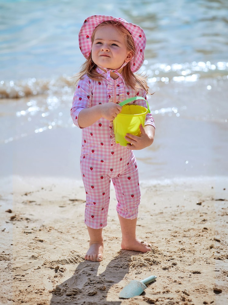JoJo Maman Bébé Pink Gingham UPF 50 1-Piece Sun Protection Suit - Image 1 of 5