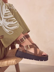 Tan Brown Ultra Chunky Leather Flatform Sandals - Image 1 of 9