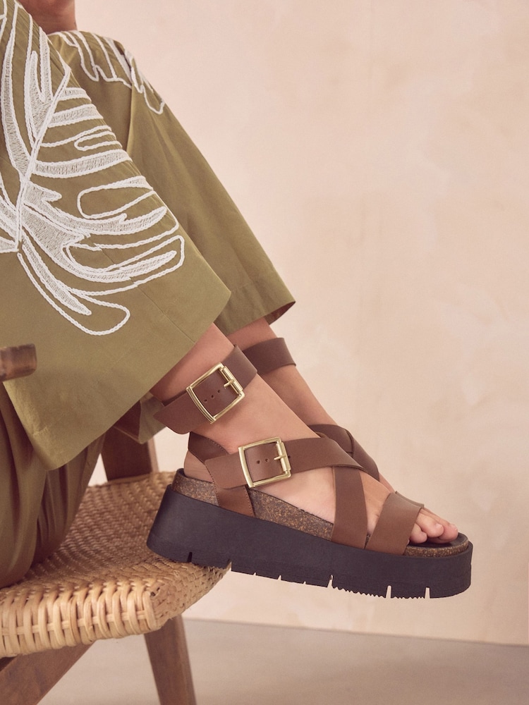 Tan Brown Ultra Chunky Leather Flatform Sandals - Image 1 of 9