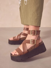 Tan Brown Ultra Chunky Leather Flatform Sandals - Image 3 of 9