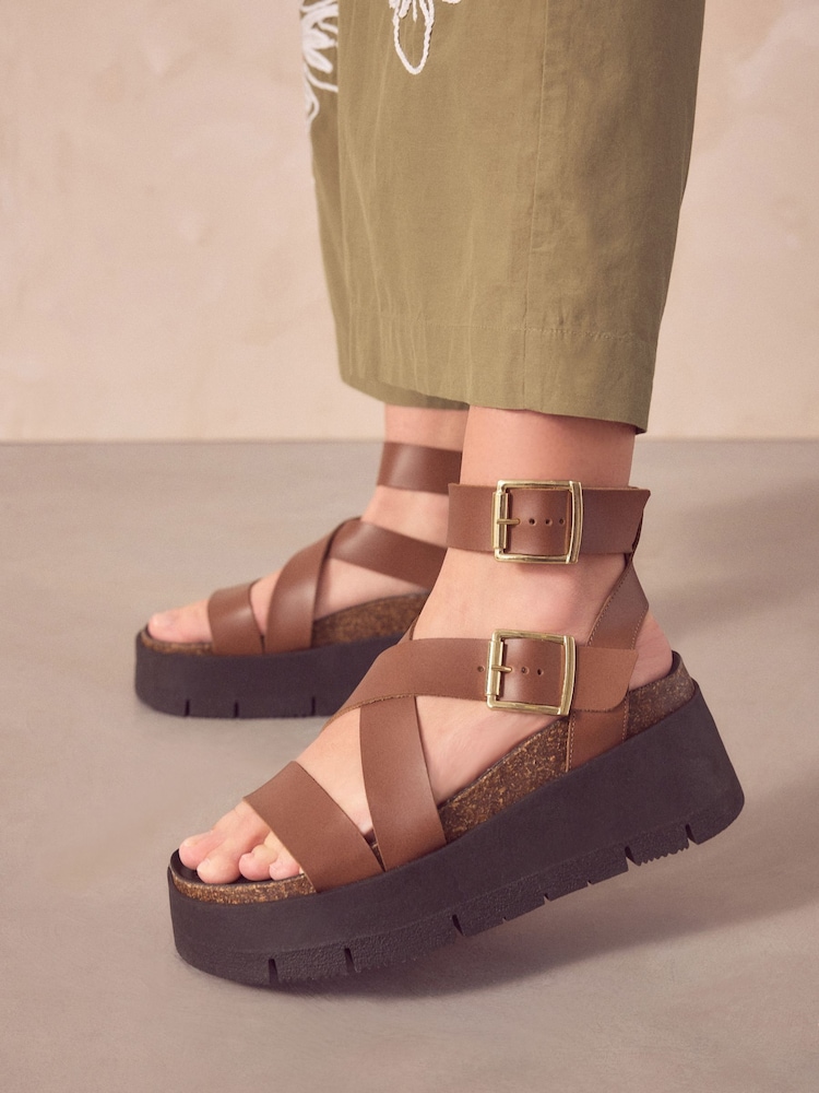 Tan Brown Ultra Chunky Leather Flatform Sandals - Image 3 of 9