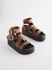 Tan Brown Ultra Chunky Leather Flatform Sandals - Image 5 of 9