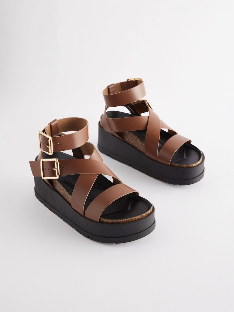 Tan Brown Ultra Chunky Leather Flatform Sandals - Image 5 of 9