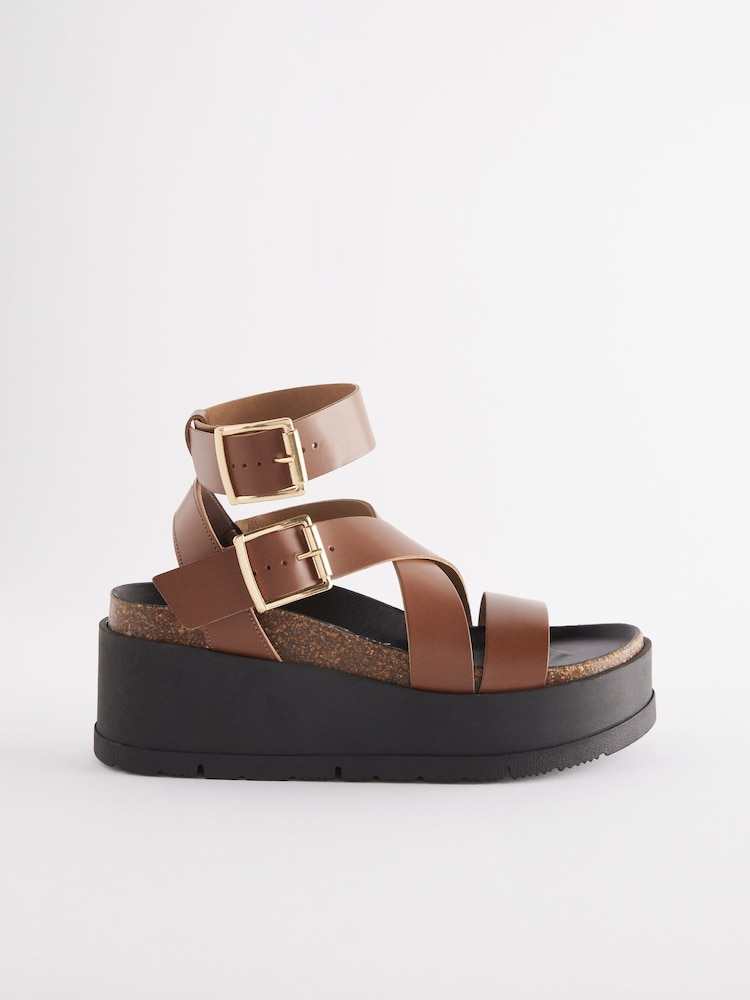 Tan Brown Ultra Chunky Leather Flatform Sandals - Image 6 of 9
