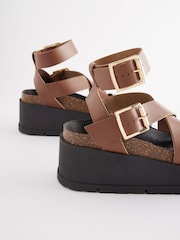 Tan Brown Ultra Chunky Leather Flatform Sandals - Image 8 of 9