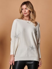 Jolie Moi Cream Rhinestone Sparkle Star Knit Jumper - Image 1 of 1