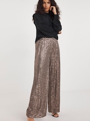JD Williams Brown Linear Stretch Sequin Wide Leg Trousers - Image 1 of 4