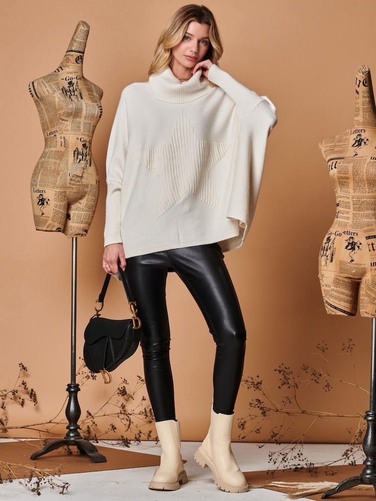 Jolie Moi Cream Star Front Roll Neck Knit Jumper - Image 1 of 4