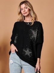Jolie Moi Black Rhinestone Sparkle Star Knit Jumper - Image 1 of 4