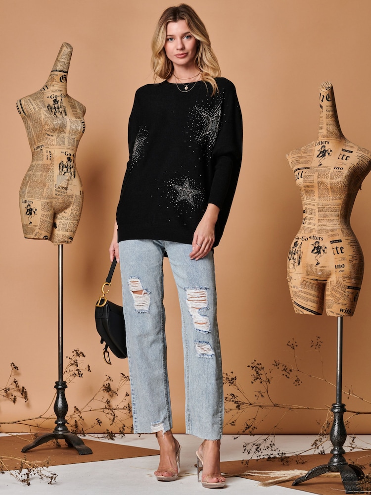 Jolie Moi Black Rhinestone Sparkle Star Knit Jumper - Image 2 of 4