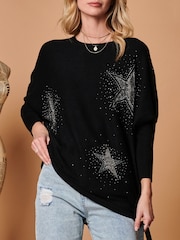 Jolie Moi Black Rhinestone Sparkle Star Knit Jumper - Image 4 of 4
