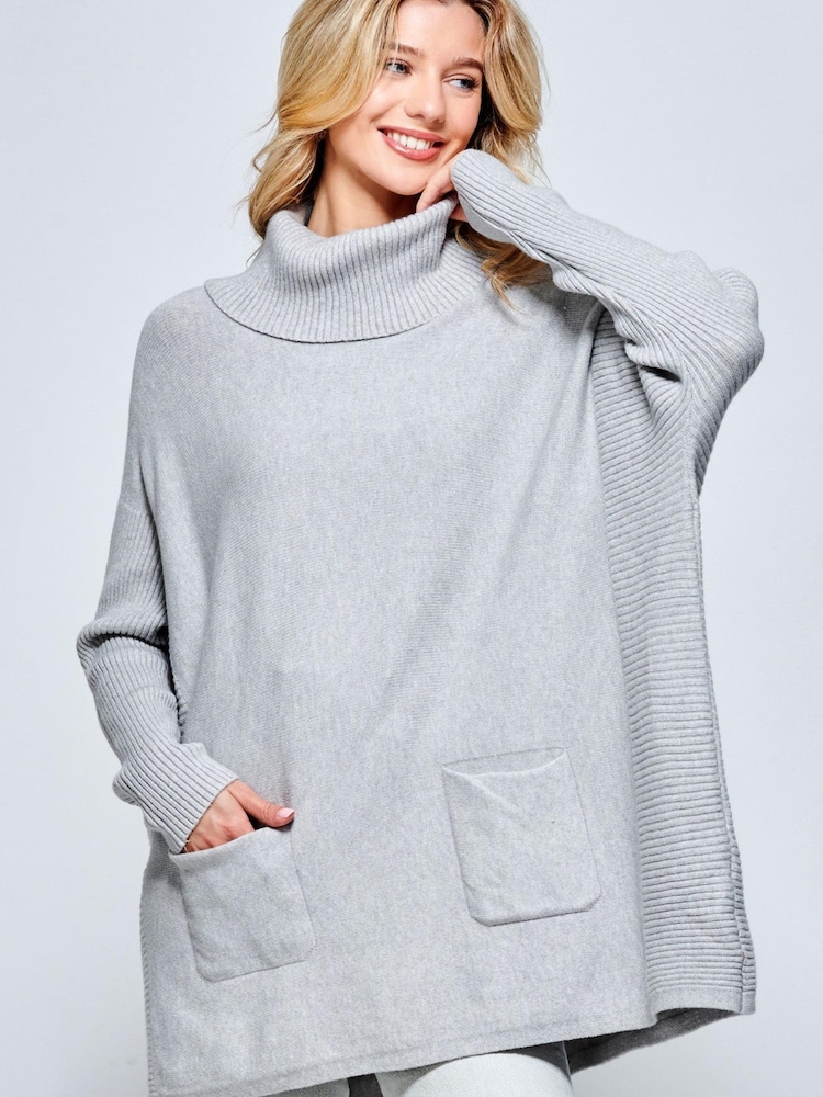 Jolie Moi Grey Roll Neck Pocket Front Knit Jumper - Image 1 of 4